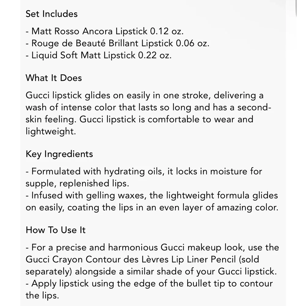 Gucci Beauty Rosso Ancora Lip Set Matte Liquid &‎ Brillant Lipstick 3 Piece Kit